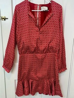 Allexis Silk Red Geometric Print Ruffle Hem Dress